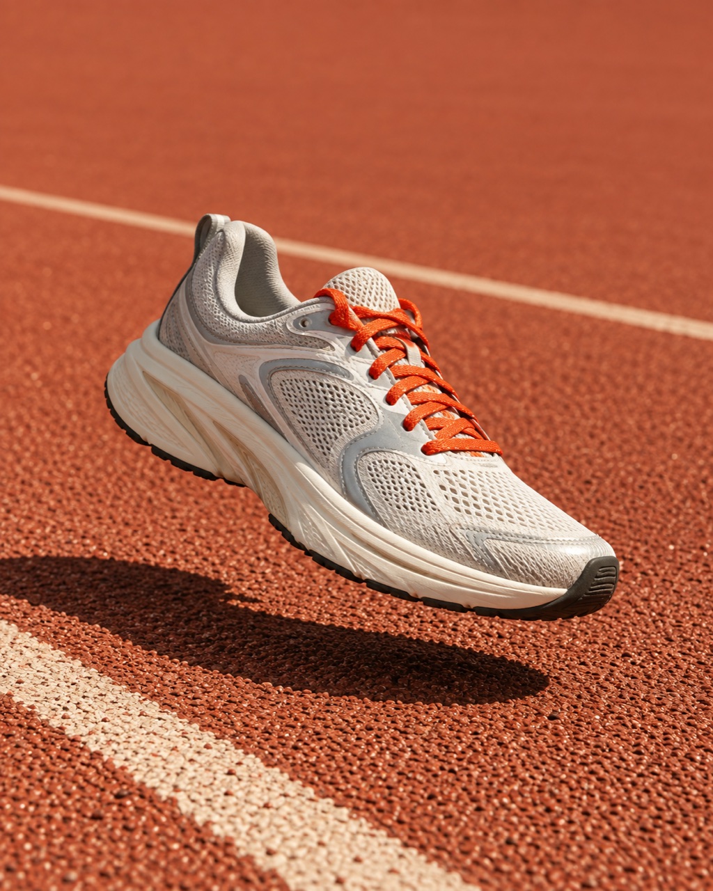 Cream running shoe with red laces suspended above a sunlit terracotta track